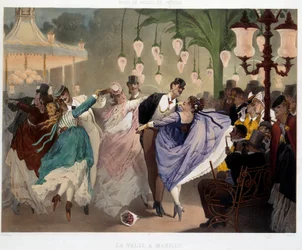 De wals in Mabille dansscène in Mabille in 1867. Lithografie door Philippe Jacques Linder (1835-?). Serie Musee de Moeurs et d