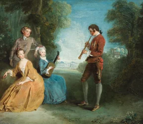 Twee paar geliefden, waarvan één paar muziek maakt, in een parkachtige omgeving (olieverf op doek)