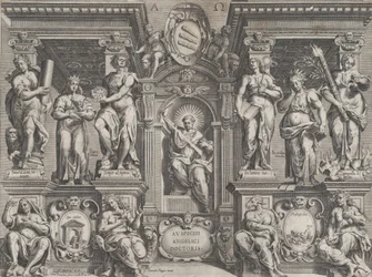 Allegorische stelling met verschillende figuren, geplaatst in een architectonische structuur