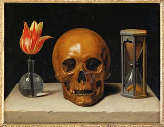 Vanitas, allegorie van de vergankelijke tijd met schedel en zandloper (olieverf op doek)