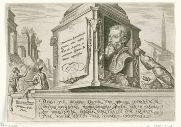 Portret van Maarten van Heemskerck op de sokkel van een zuil