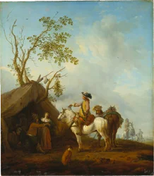 Ruiters voor de tent van een marketentster