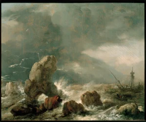 Stormachtige zee met drie schepen in nood