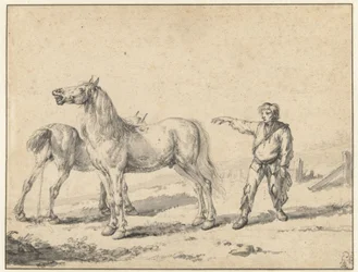 Twee paarden, een urineren en de ander hinniken, en een staande man met zijn rechterarm omhoog