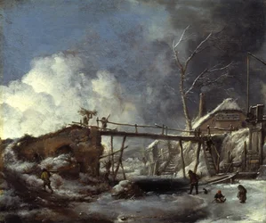 Winterlandschap met houten loopbrug