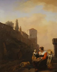 Een boer en twee kinderen rusten voor een toren in Italië