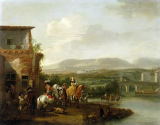 Een elegant rijgezelschap buiten een boerderij bij een rivier