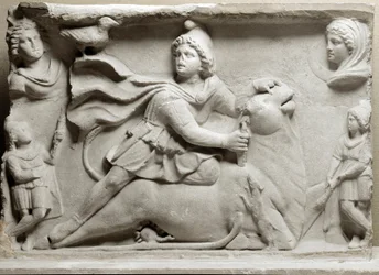 Beschaving van de Feniciërs: offerscène die de godheid Mithra afbeeldt die de stier offert. 2e of 3e eeuw n.Chr. Marmeren reliëf. Parijs, Louvre Museum