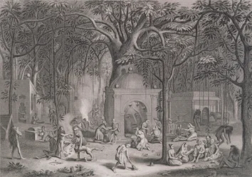 Hindoe Fakirs die hun bijgelovige rituelen beoefenen, gegraveerd door Bell, uit Wereldreligie, uitgegeven door A. Fullarton & Co.