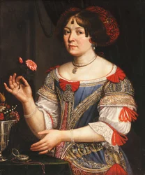 Portret van een dame, driekwart lengte, in een blauw en rood geborduurde jurk