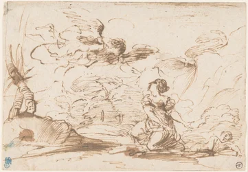 De engel verschijnt aan Hagar en Ismaël in de wildernis, ca. 1645 (pen en bruine inkt met bruin gewassen op geschept papier)