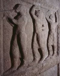 Muzikanten, detail van Funeraire stèle van Pontassieve, Toscane, Italië, Etruskische beschaving, 5e eeuw v.Chr.
