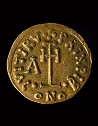 Solidus van Prins Arechi, verso, Lombardische munten, 8e eeuw