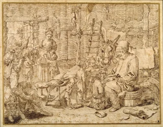 Polcinello geeft les in een schuur