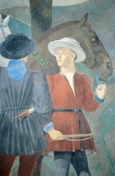 (detail) De legende van het ware kruis: aanbidding van hout en ontmoeting van de koningin van Sheba en koning Salomo