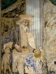 Portret van Sigismondo Pandolfo Malatesta (1417-1468) in gebed voor San Sigismondo (Sigismondo). Detail van de heilige. Fresco door Pietro di Benedetto dei Franceschi genaamd Piero della Francesca (1422-1492)