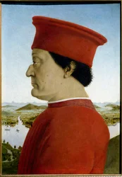 Portretten van Federico de Montefeltro, Hertog van Urbino en Battista Sforza. Detail van Federico da Montefeltro