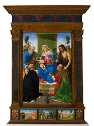Madonna met Kind op de troon met de heiligen Petrus, Johannes de Doper, Dominicus en Nicolaas van Bari