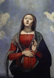 De Maagd Maria met de duif van de Heilige Geest boven haar, omringd door zes heiligen. Detail