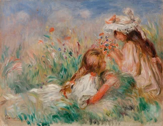 Meisjes in het gras die een boeket schikken
