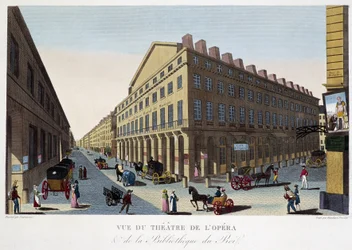Uitzicht op het theater van de Opera (Comédie Française) en de bibliotheek van de koning - in “Vues de Paris” door Courvoisier