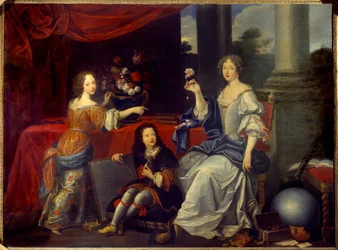 Portret van Louise Françoise de la Baume le Blanc, hertogin de la Vallière, Madame de La Vallière (1644-1710), favoriete van Lodewijk XIV en haar kinderen Mademoiselle de Blois en de graaf van Vermandois, 17e eeuw, Sun