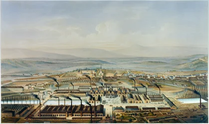 Uitzicht op de Creusot en Chateau de la Verrerie werkplaatsen, lithografie naar aquarel van Pierre Tremaux (1818-1895)