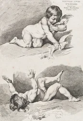 Twee naakte kinderen die met een blad spelen, uit Nieuw Boek van Kinderen, 1720-60