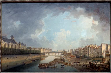 De boog, de brug van de Tournelle en de Quai Saint Bernard gezien vanaf het hotel dieu. Uitzicht op Parijs. Schilderij door Pierre Demachy (1723-1807)