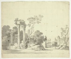 Gezicht op het park van Versailles: Verwoeste zuilen en een open ijzeren poort