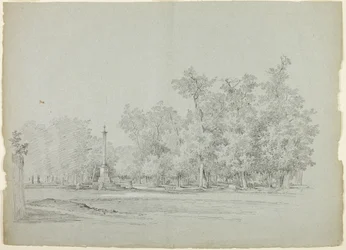 Gezicht op het park van Versailles: Landschap met gedenkzuil en boomgaard