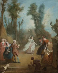 Elegante figuren die in een park pluimbal spelen, ca. 1730