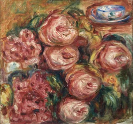 Compositie met rozen en een kopje thee