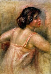 Vrouw op driekwartlengte. Ze is gekleed in een roze jumpsuit en draagt haar haar in een knot. Schilderij van Pierre Auguste Renoir (1841-1919). Olieverf op doek. Privé collectie