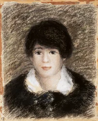 Jonge vrouw, vooraanzicht met zwarte jurk en witte kraag. Tekening van Pierre Auguste (Pierre-Auguste) Renoir (1841-1919)