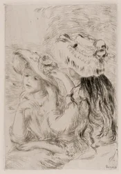 Twee jonge meisjes die bloemen op hun hoeden spelden, ca. 1897