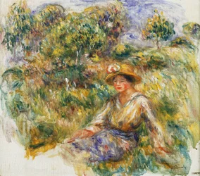Vrouw in een Blauwe Hoed zittend op het Gras