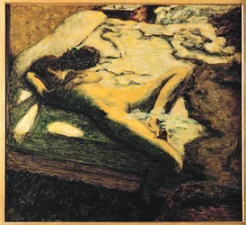 Dommelende vrouw op bed ... (schilderij op doek)