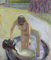 Naakt gehurkt in het bad, 1918