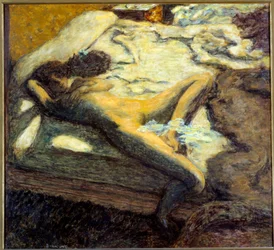 De luie naakte jonge vrouw liggend op een bed. Schilderij van Pierre Bonnard (1867-1947), 1899. Zon. 0,96 x 1,06 m. Parijs, Musée d