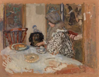 Vrouw met hond, of vrouw en hond aan tafel
