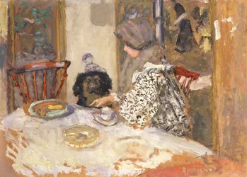 Vrouw met een Hond aan de Tafel