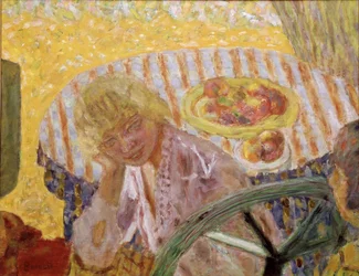 Jonge vrouwen in de tuin of het gestreepte tafelkleed