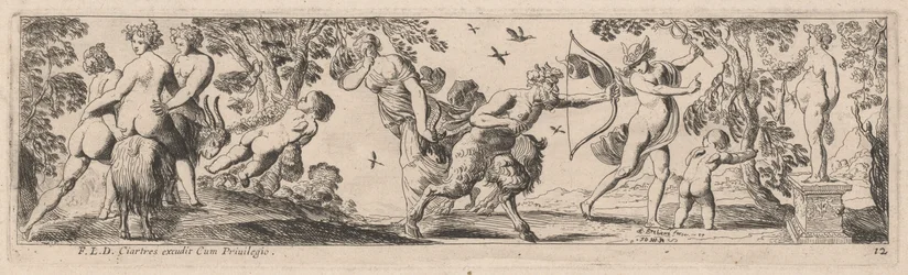 Satyr en Mercurius schieten op een standbeeld