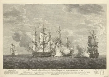 Aanval van een Engels schip op drie Franse schepen bij Sint Eustatius, 1758