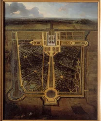 Perspectief van een kasteel en een park à la française