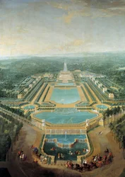 Perspectief van het kasteel van Marly, koning Lodewijk XV (1710-1774) kind in koets passeert voor de drinkbak