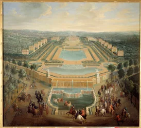 Perspectief van het kasteel van Marly, koning Lodewijk XV verlaat het kasteel