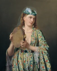 Portret van een hofdame die tamboerijn speelt, tweede helft van de 19e eeuw