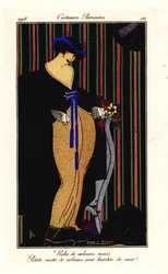 Vrouw in jurk van maïsgeel fluweel met zwart vest